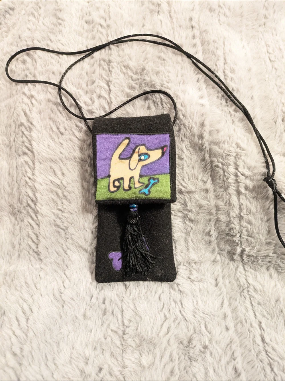 Handmade Black Phone Case Pouch with Purple & Green Dog Design